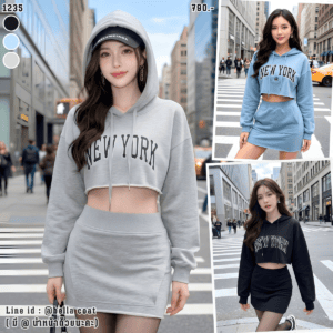 1235:เสื้อสเวตเตอร์ฮู้ดครอป+กระโปรง