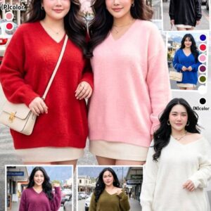1247:เสื้อไหมพรม คอวี ขนกระต่าย plus size