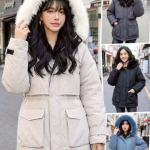 1353:เสื้อโค้ทขนเป็ดผสม แต่งเฟอร์มีฮู้ด มีสายรูดตรงเอว