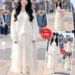 1393:ชุดเซ็ตเสื้อไหมพรม+เดรสกระโปรงยาว (1392&1393) เสื้อไหมพรม