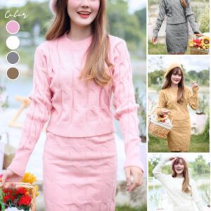 1484:ชุดเซท 2 ชิ้น เสื้อไหมพรม+กระโปรงสั้น ลายเปียไขว้