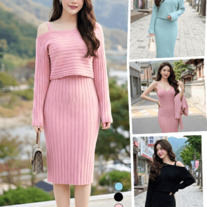 1487:ชุดเซท2ชิ้น เสื้อไหมพรมร่องขวาง+เดรสยาวผ้าร่องสีเขียวมิ้นท์