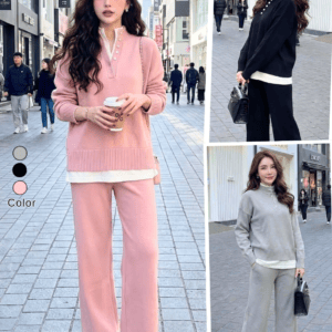 1506:ชุดSet 2 ชิ้น เสื้อสเวตเตอร์แต่ง2ชั่นติดกระดุม+กางเกงขายาว